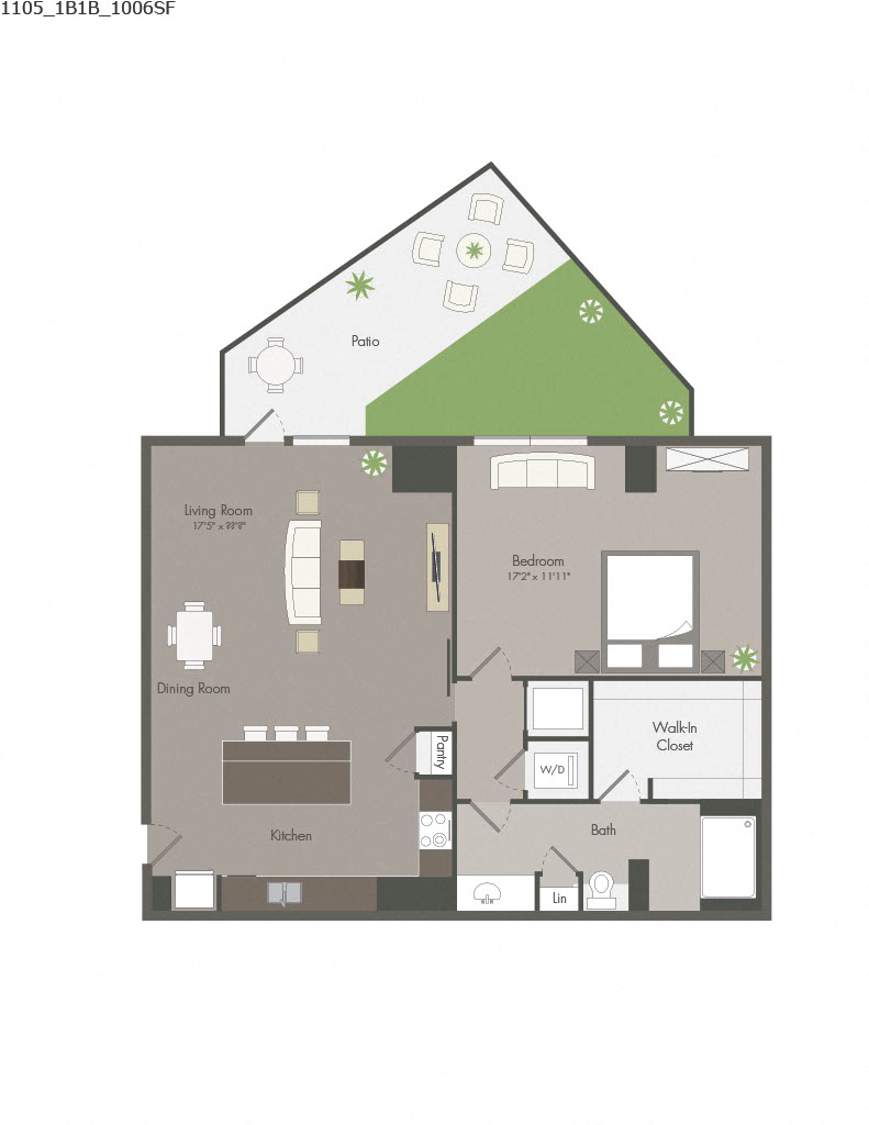 Floor plan for 1 bed, 1 bath, 1006 sqft